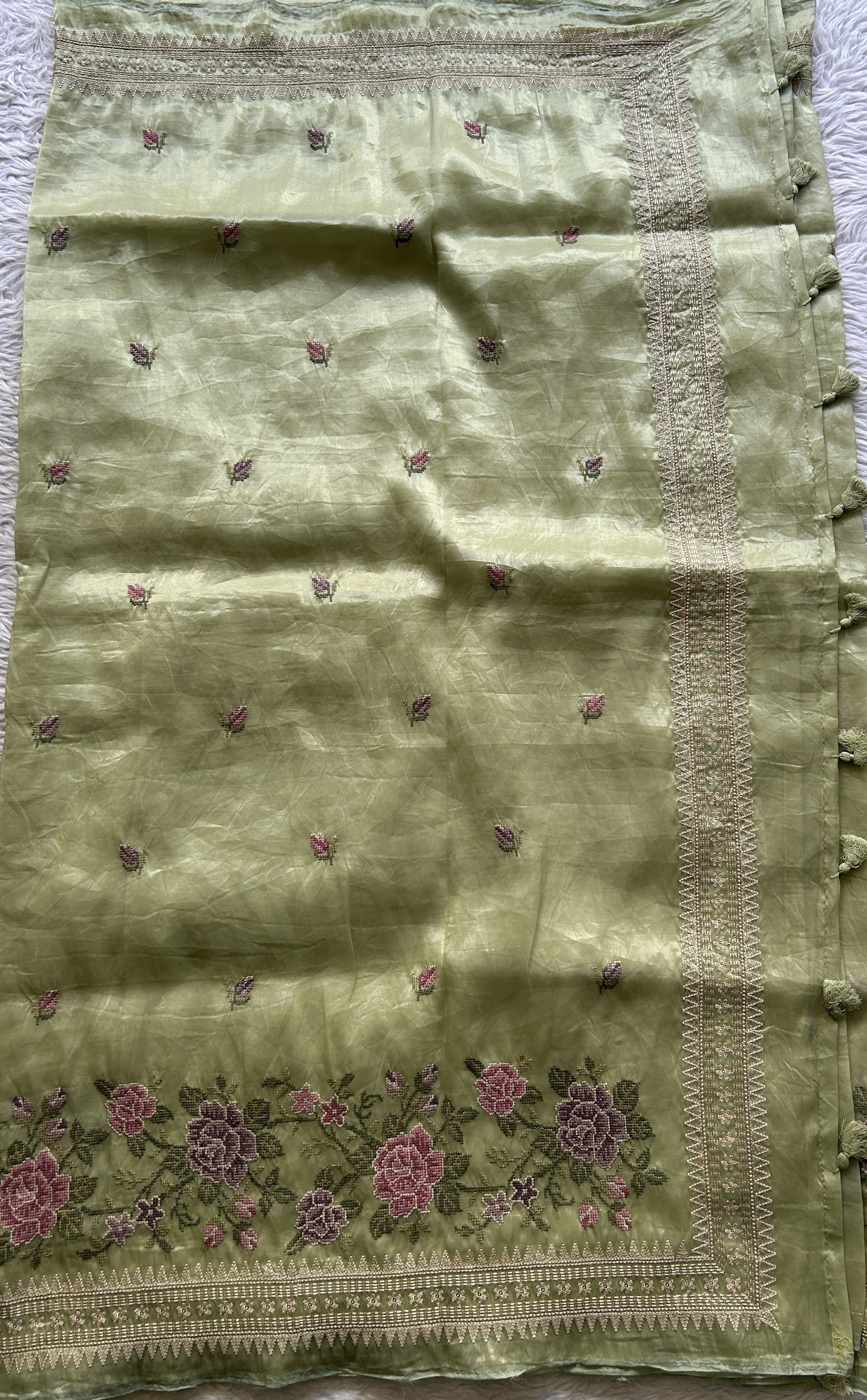 Inox Silk Saree Very Light Green Colored Elegantly Paired with a Embroidered Border. - Sampradaya Designer Studio