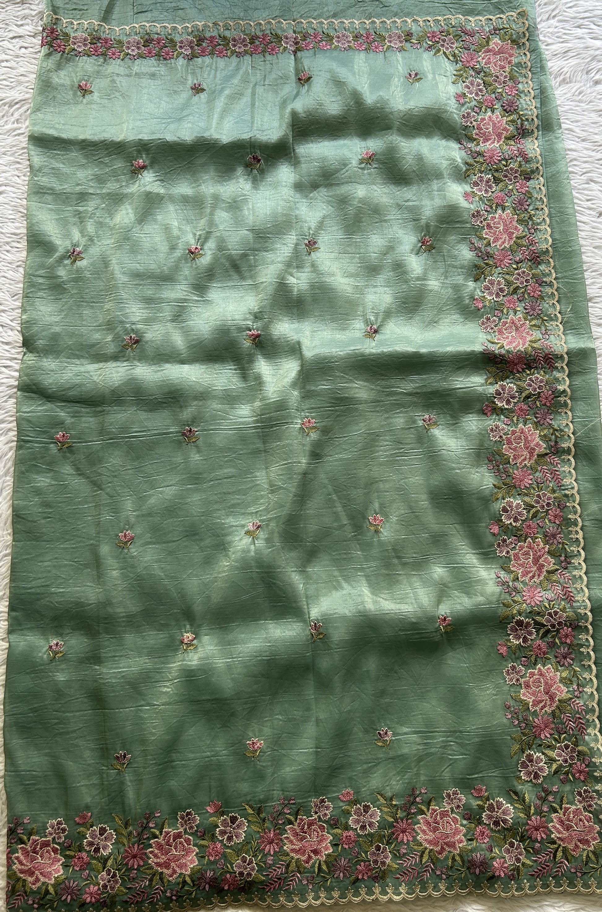 Inox Silk Saree Sea Green Colored Elegantly Paired with a Embroidered Border. - Sampradaya Designer Studio