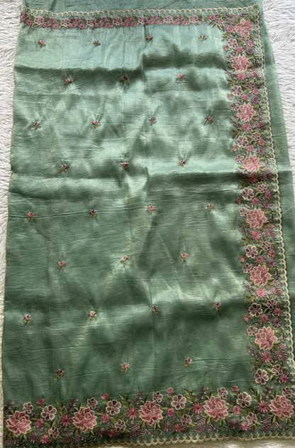 Inox Silk Saree Sea Green Colored Elegantly Paired with a Embroidered Border. - Sampradaya Designer Studio