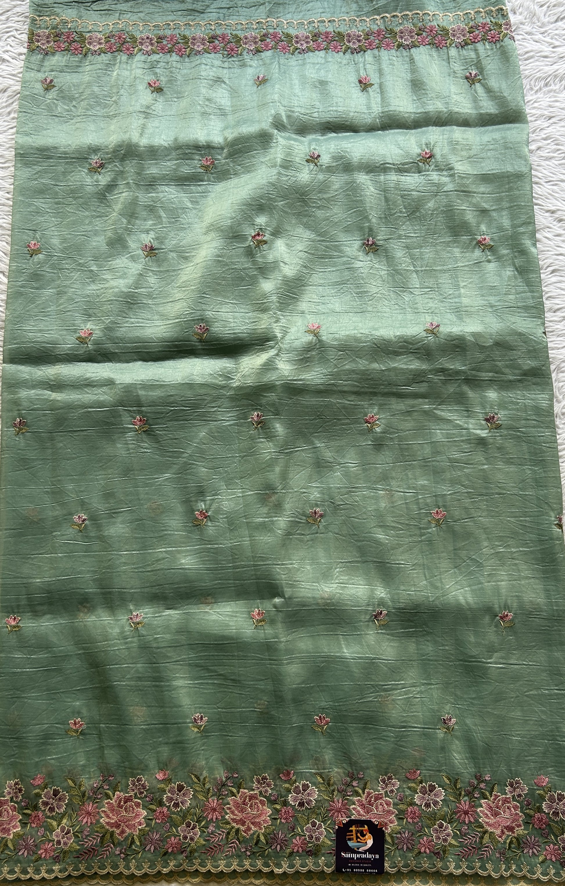 Inox Silk Saree Sea Green Colored Elegantly Paired with a Embroidered Border. - Sampradaya Designer Studio