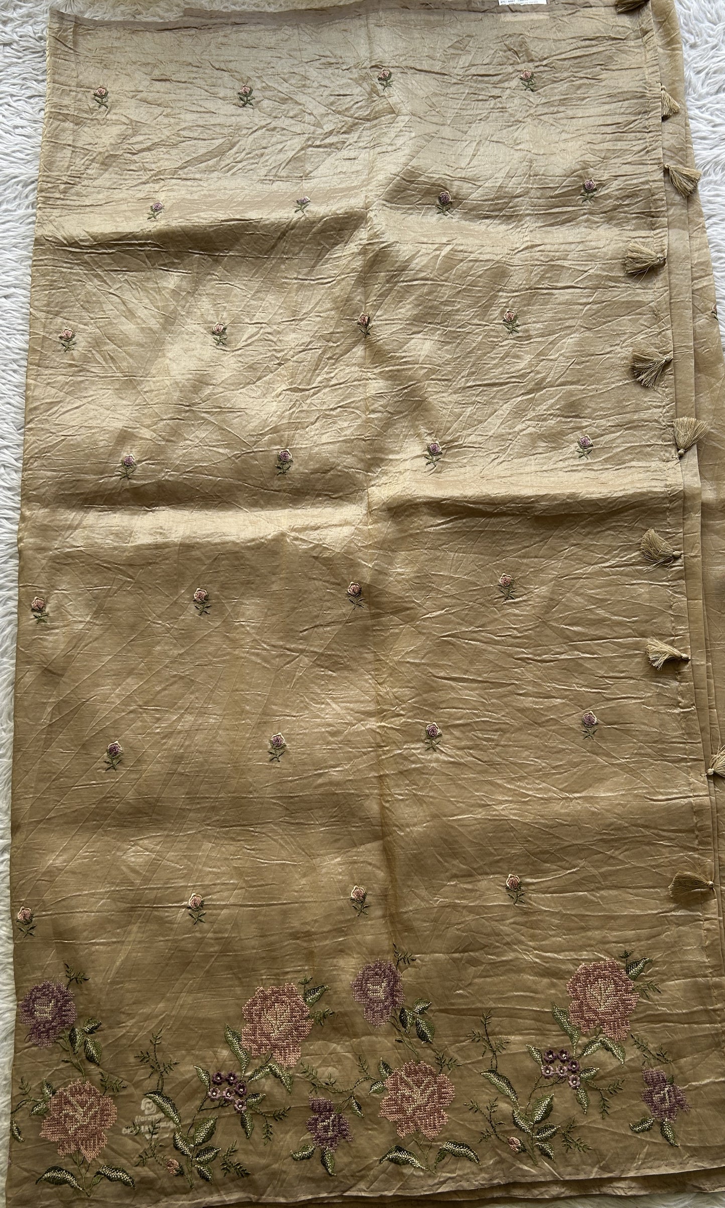 Inox Silk Saree Beige Colored Elegantly Paired with a Embroidered Border. - Sampradaya Designer Studio