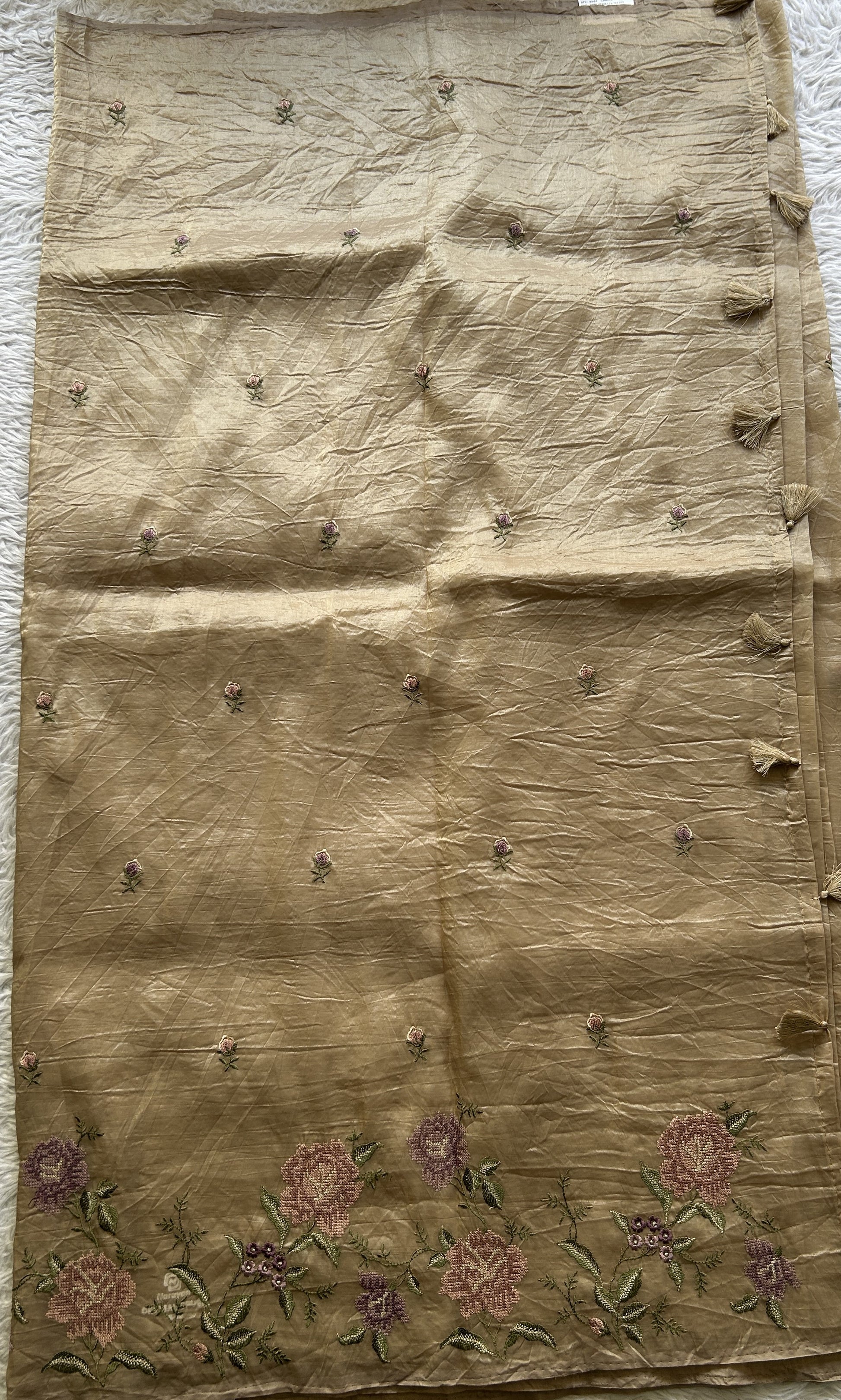 Inox Silk Saree Beige Colored Elegantly Paired with a Embroidered Border. - Sampradaya Designer Studio