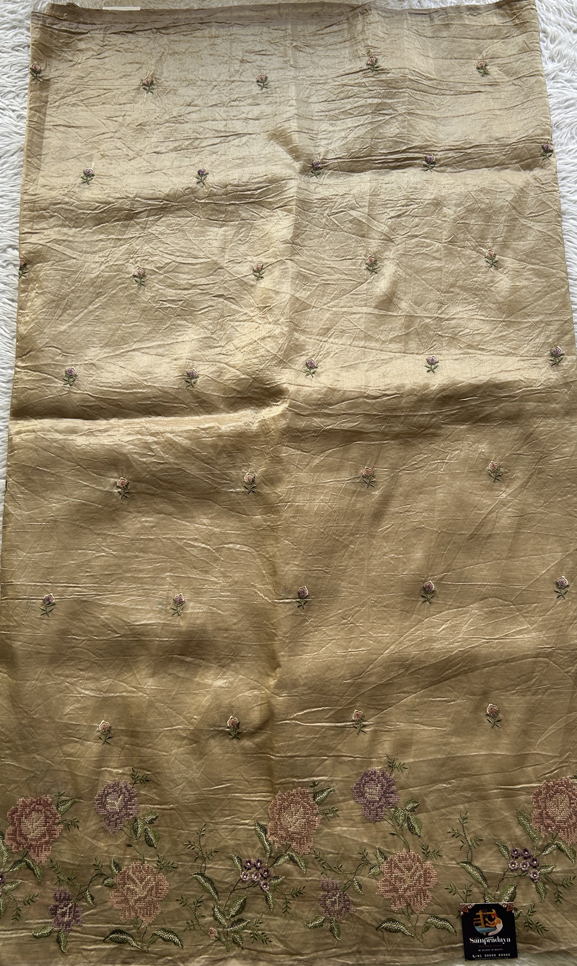 Inox Silk Saree Beige Colored Elegantly Paired with a Embroidered Border. - Sampradaya Designer Studio