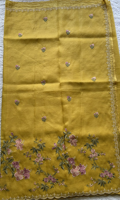 Inox Silk Saree Yellow Colored Complemented with a Embroidered Scallop Border. - Sampradaya Designer Studio