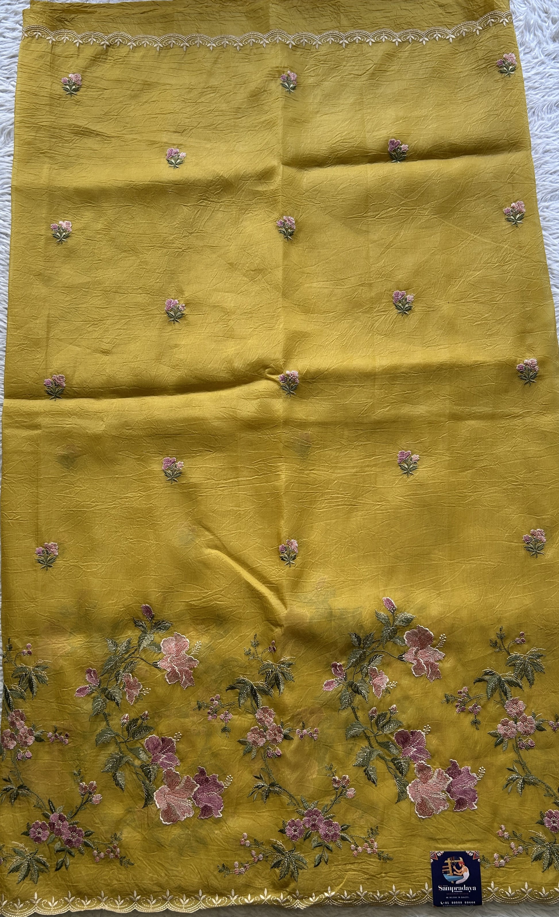 Inox Silk Saree Yellow Colored Complemented with a Embroidered Scallop Border. - Sampradaya Designer Studio