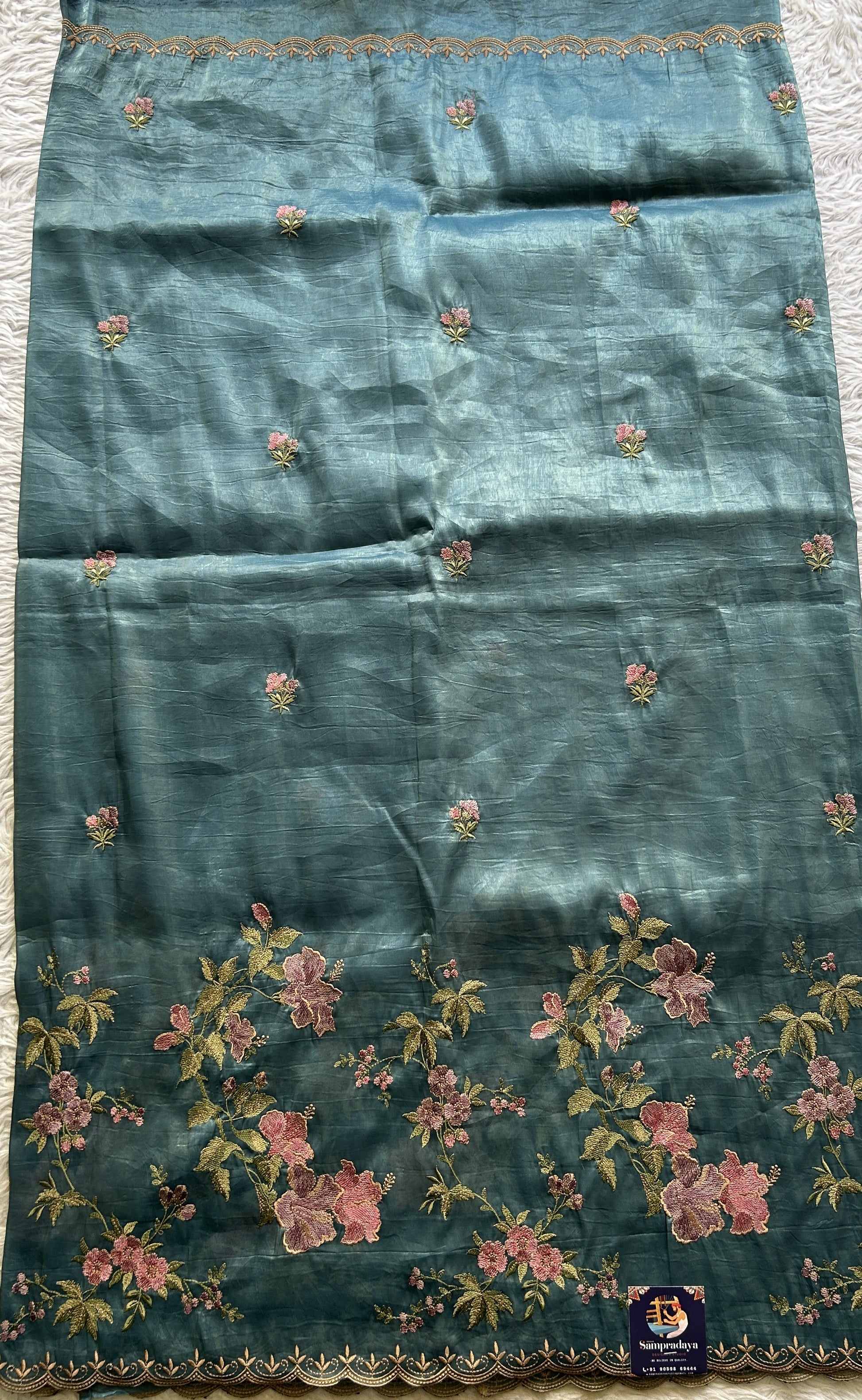 Inox Silk Saree Ink Blue Colored Complemented with a Embroidered Scallop Border. - Sampradaya Designer Studio