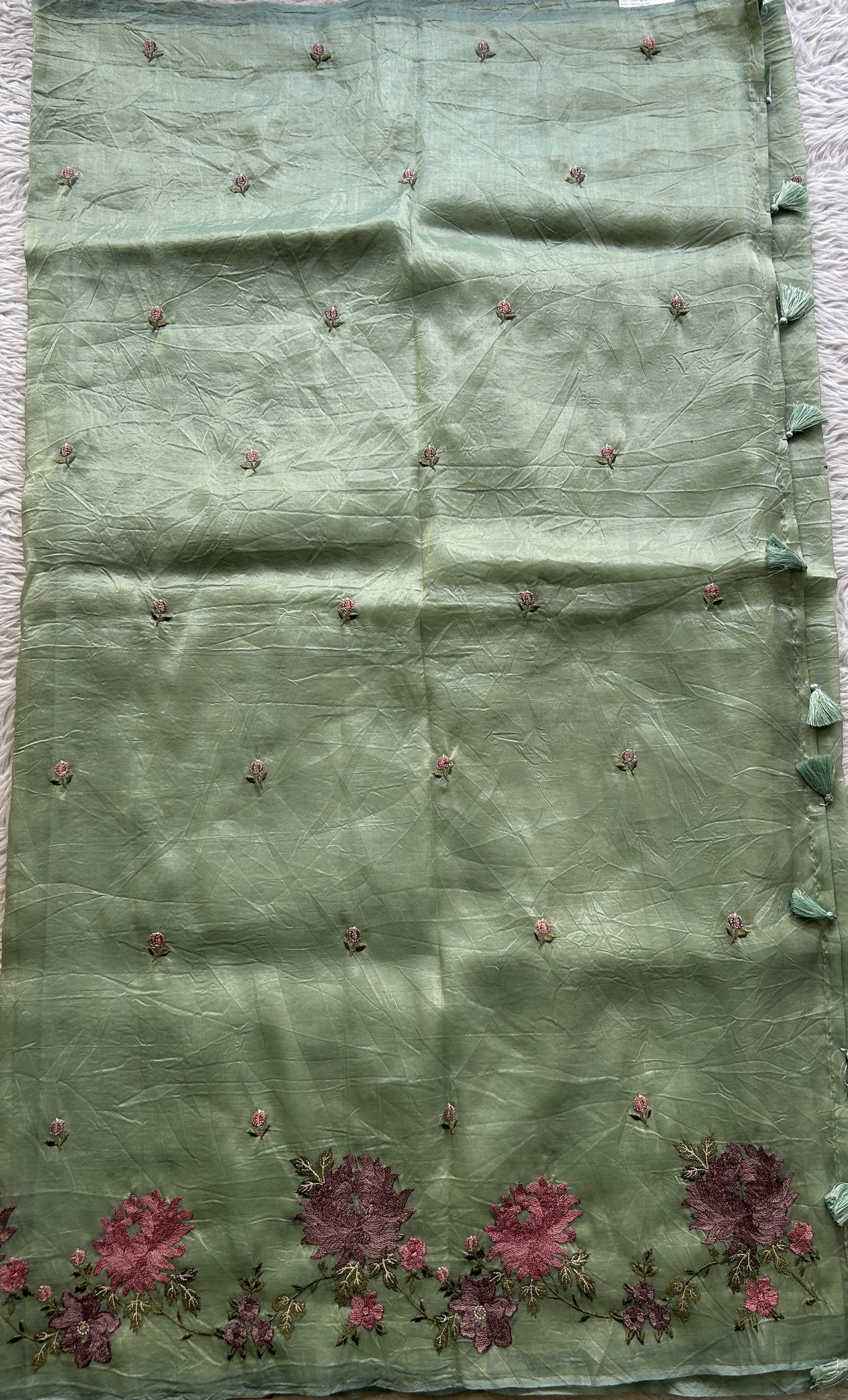Inox Silk Saree Light Green Colored Complemented with a Embroidered Border. - Sampradaya Designer Studio