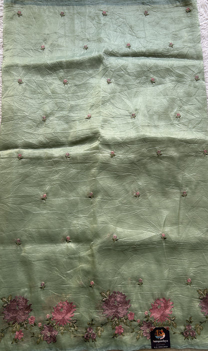 Inox Silk Saree Light Green Colored Complemented with a Embroidered Border. - Sampradaya Designer Studio