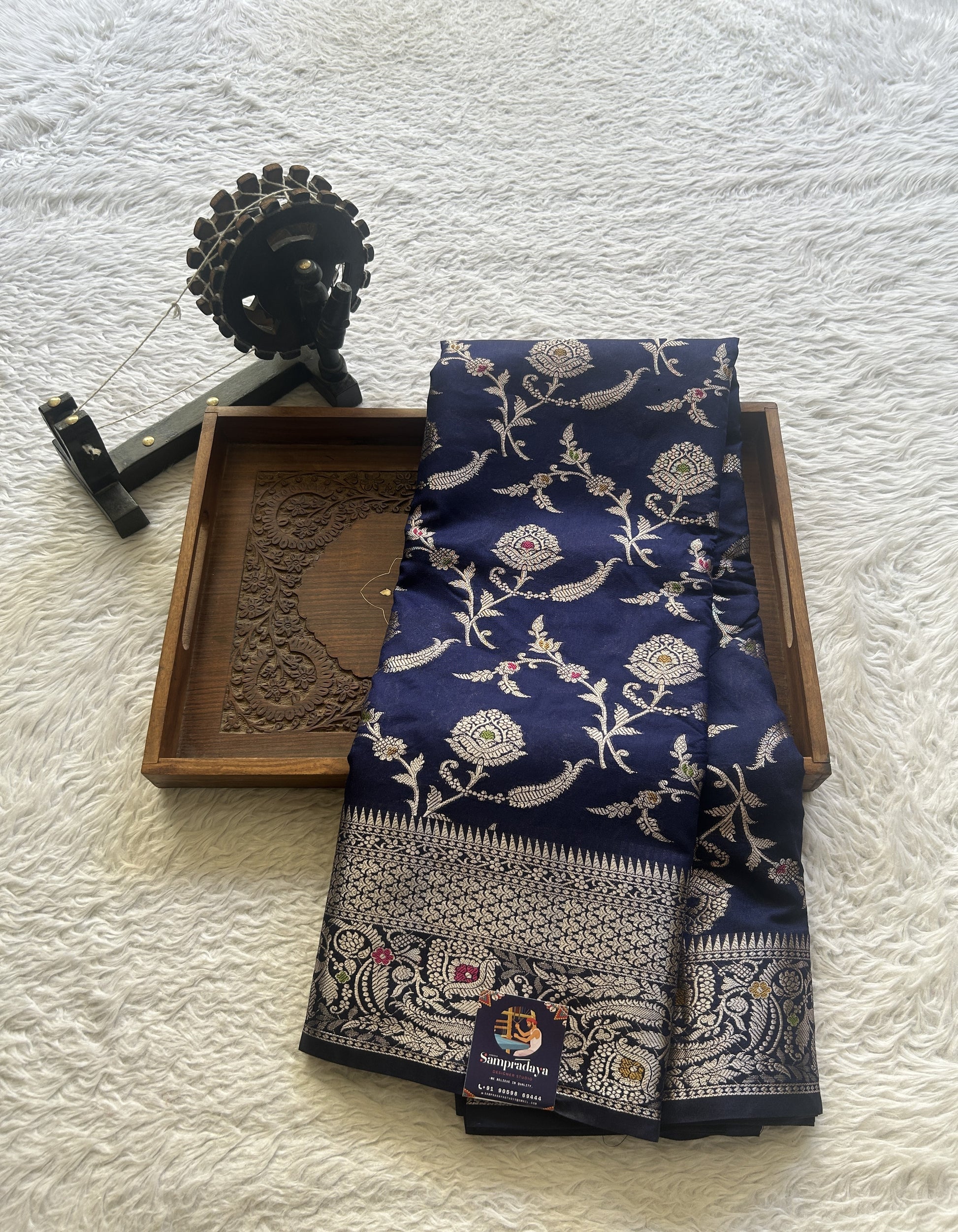 Semi Raw Silk Saree Navy Blue Colored Elegantly Paired with a Zari Border. - Sampradaya Designer Studio