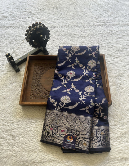 Semi Raw Silk Saree Navy Blue Colored Elegantly Paired with a Zari Border. - Sampradaya Designer Studio