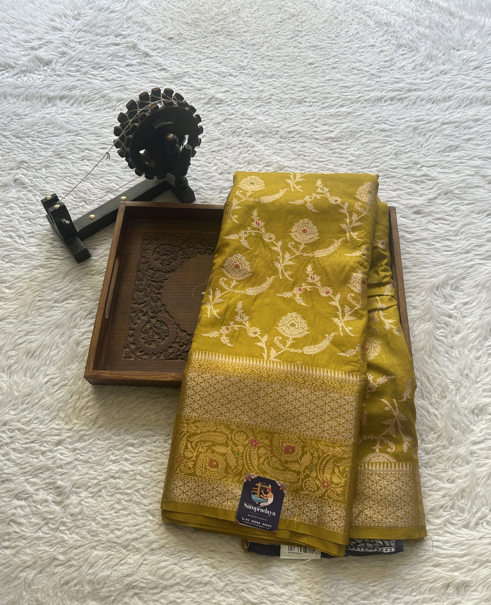 Semi Raw Silk Saree Mustard Colored Elegantly Paired with a Zari Border. - Sampradaya Designer Studio