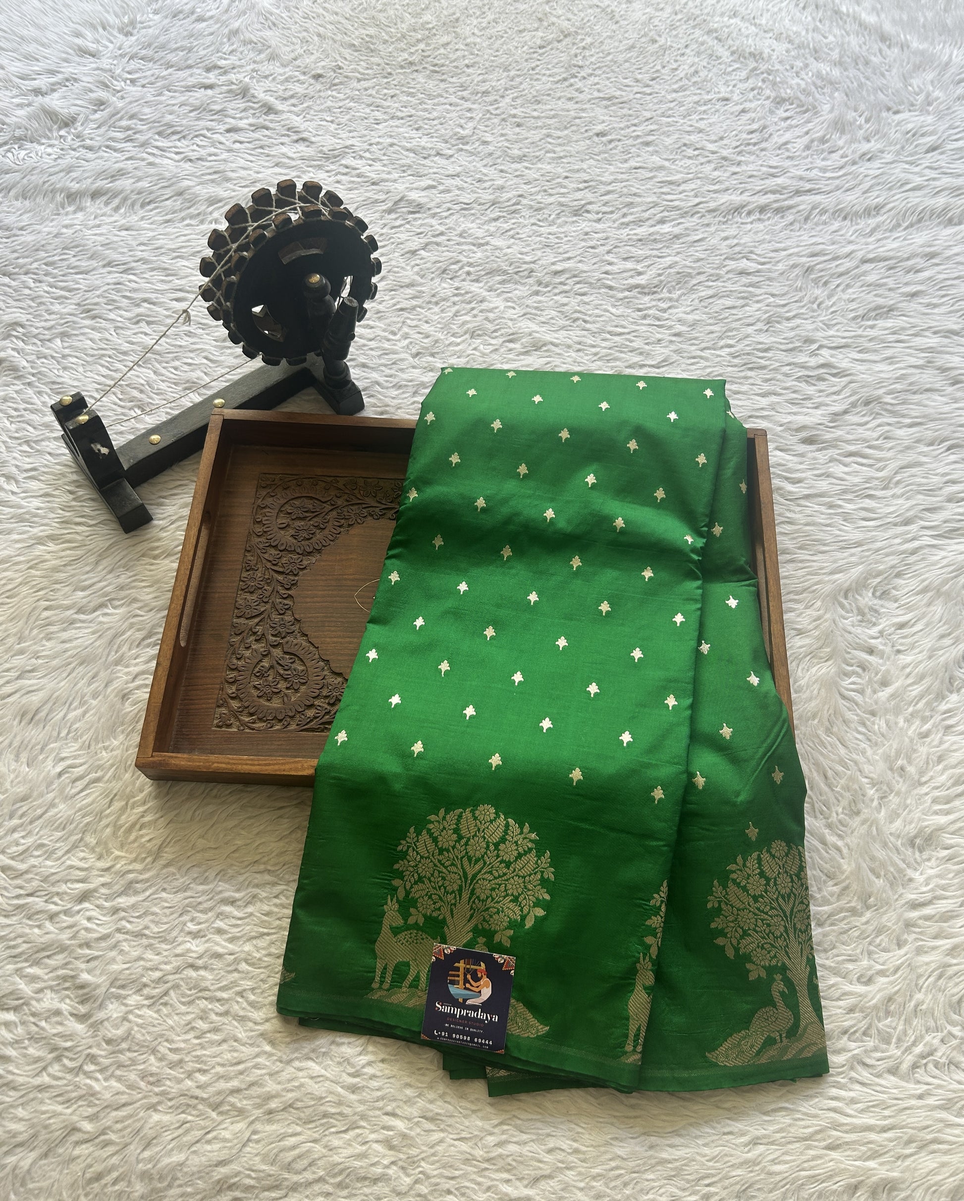 Semi Raw Silk Saree Green Colored Elegantly Paired with a Buti Border. - Sampradaya Designer Studio