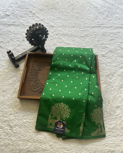 Semi Raw Silk Saree Green Colored Elegantly Paired with a Buti Border. - Sampradaya Designer Studio