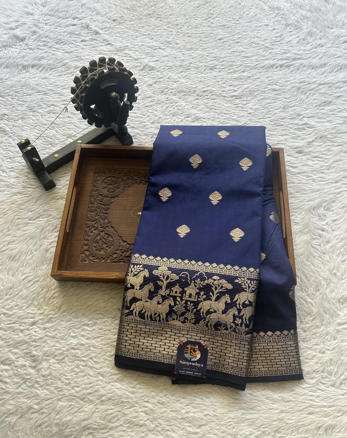 Semi Raw Silk Saree Indigo Blue Colored Elegantly Paired with a Zari Border. - Sampradaya Designer Studio