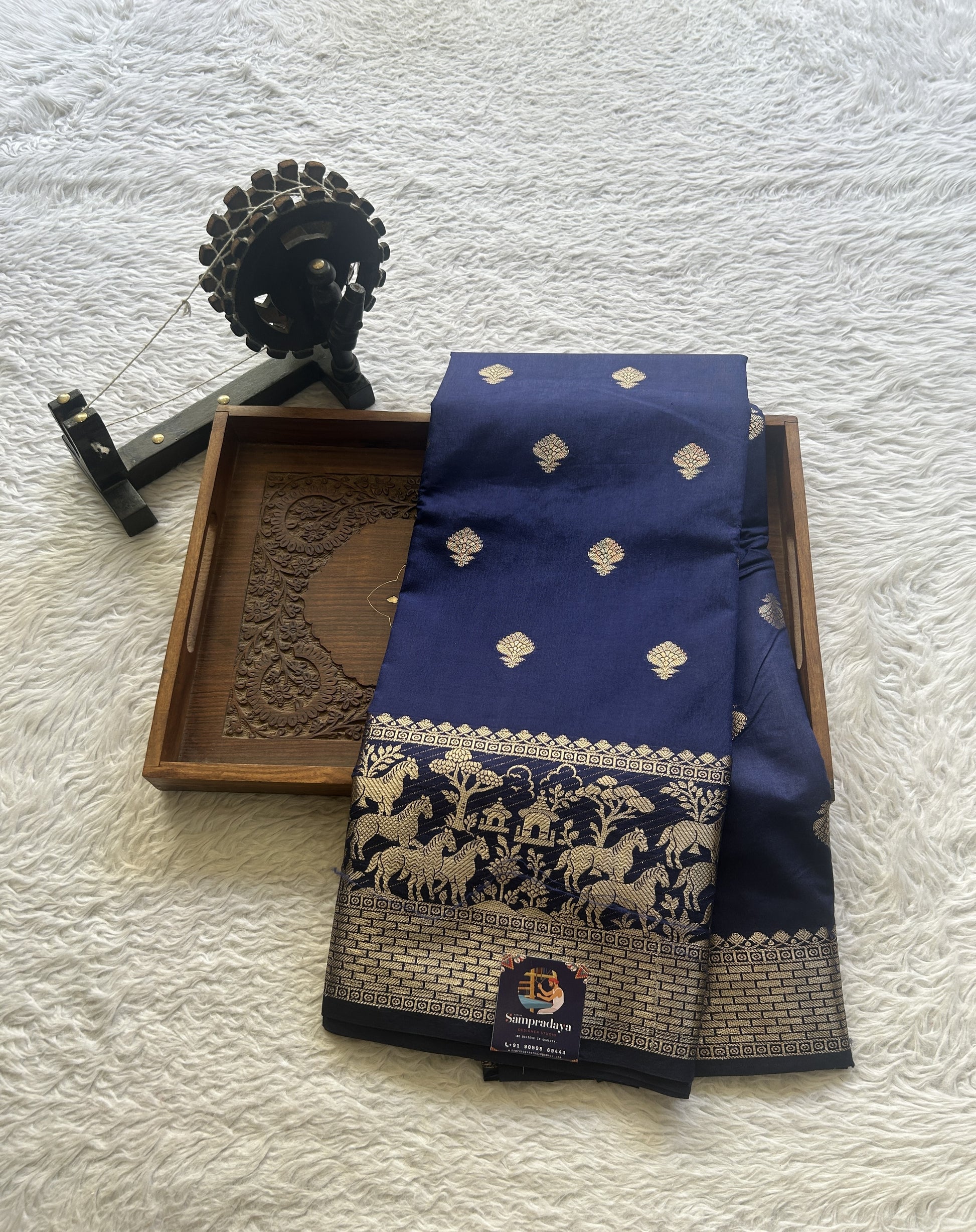 Semi Raw Silk Saree Indigo Blue Colored Elegantly Paired with a Zari Border. - Sampradaya Designer Studio