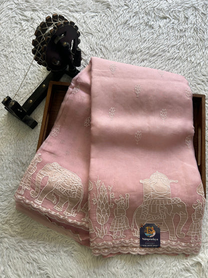 Banarasi Kora Saree Pastel Pink Colored Complemented with a  Machine Embroidery And Scallop Border.