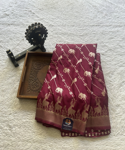 Semi Raw Silk Saree Deep Burgundy Colored Elegantly Paired with a Zari Border. - Sampradaya Designer Studio