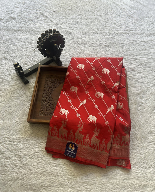 Semi Raw Silk Saree Red Colored Elegantly Paired with a Zari Border. - Sampradaya Designer Studio