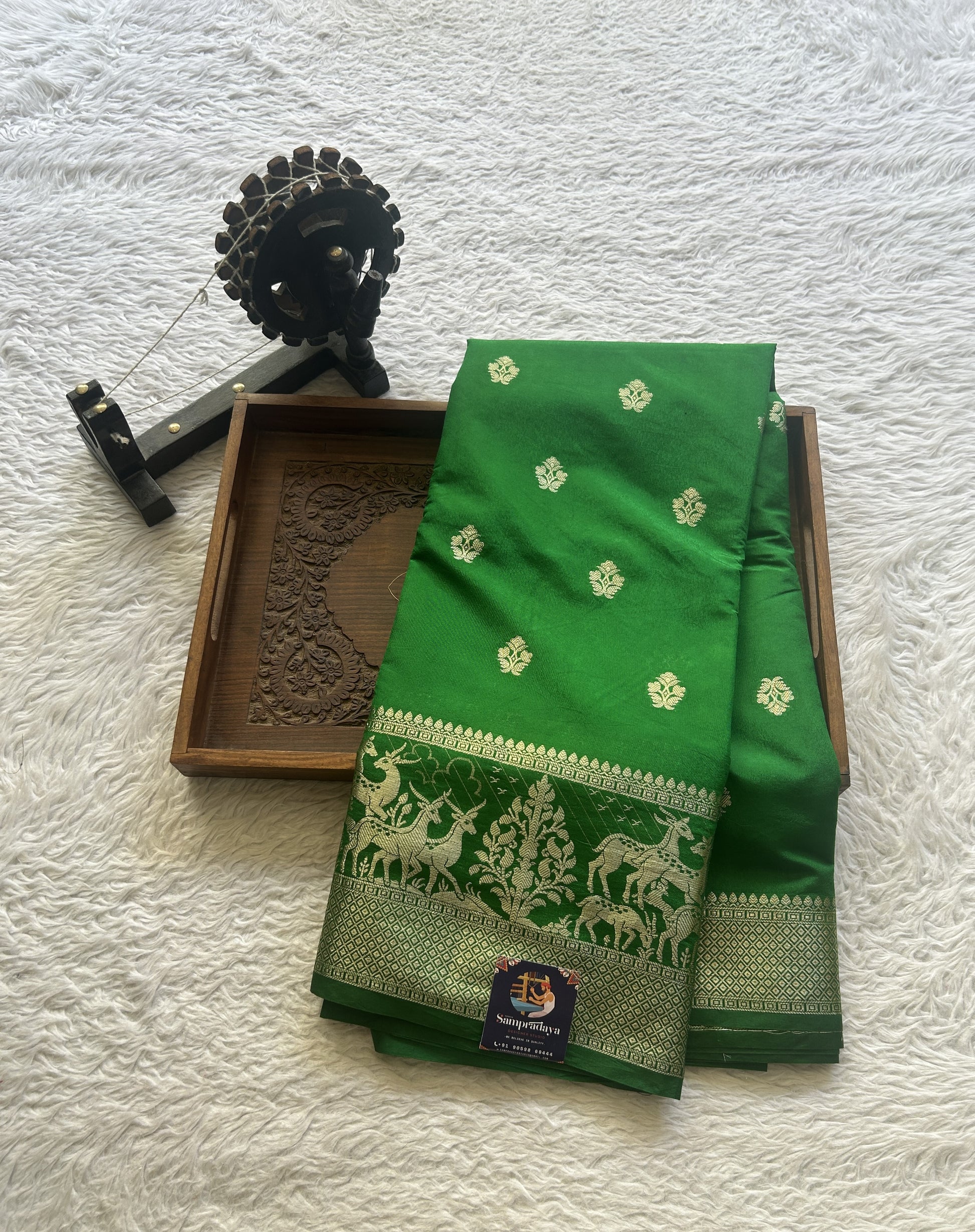 Semi Raw Silk Saree Dark Forest Green Colored Elegantly Paired with a Zari Border. - Sampradaya Designer Studio