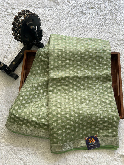Banarasi Fancy Crushed Saree Light Green Colored Complemented with a Silver Zari Border. - Sampradaya Designer Studio