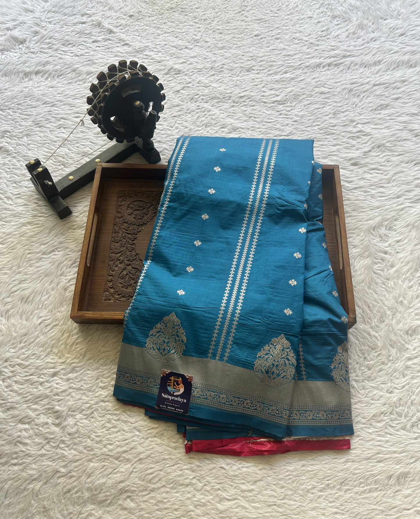 Semi Raw Silk Saree Teal Blue Colored Elegantly Paired with a Zari Border. - Sampradaya Designer Studio