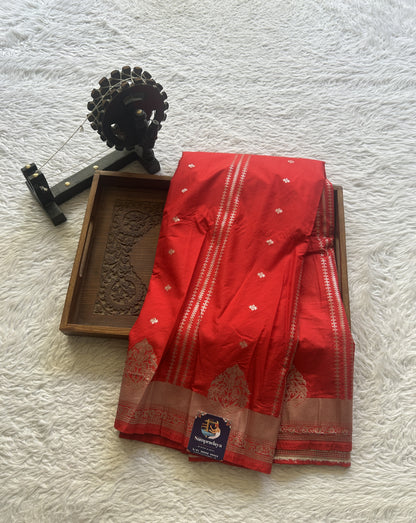 Semi Raw Silk Saree Red Colored Elegantly Paired with a Zari Border. - Sampradaya Designer Studio