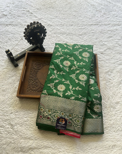 Semi Raw Silk Allover Saree Green Colored Elegantly Paired with a Zari Border. - Sampradaya Designer Studio