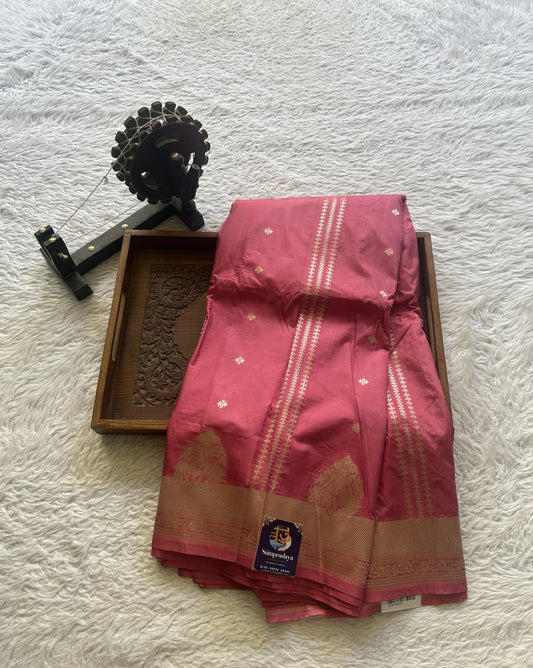 Semi Raw Silk Saree Rose Pink Colored Elegantly Paired with a Zari Border. - Sampradaya Designer Studio