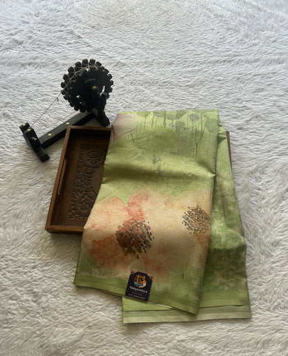Semi Tussar Saree Light Green Colored Elegantly Paired with a Borderless. - Sampradaya Designer Studio