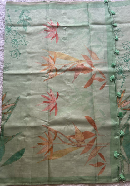 Semi Tussar Saree Green Colored Elegantly Paired with a Borderless. - Sampradaya Designer Studio