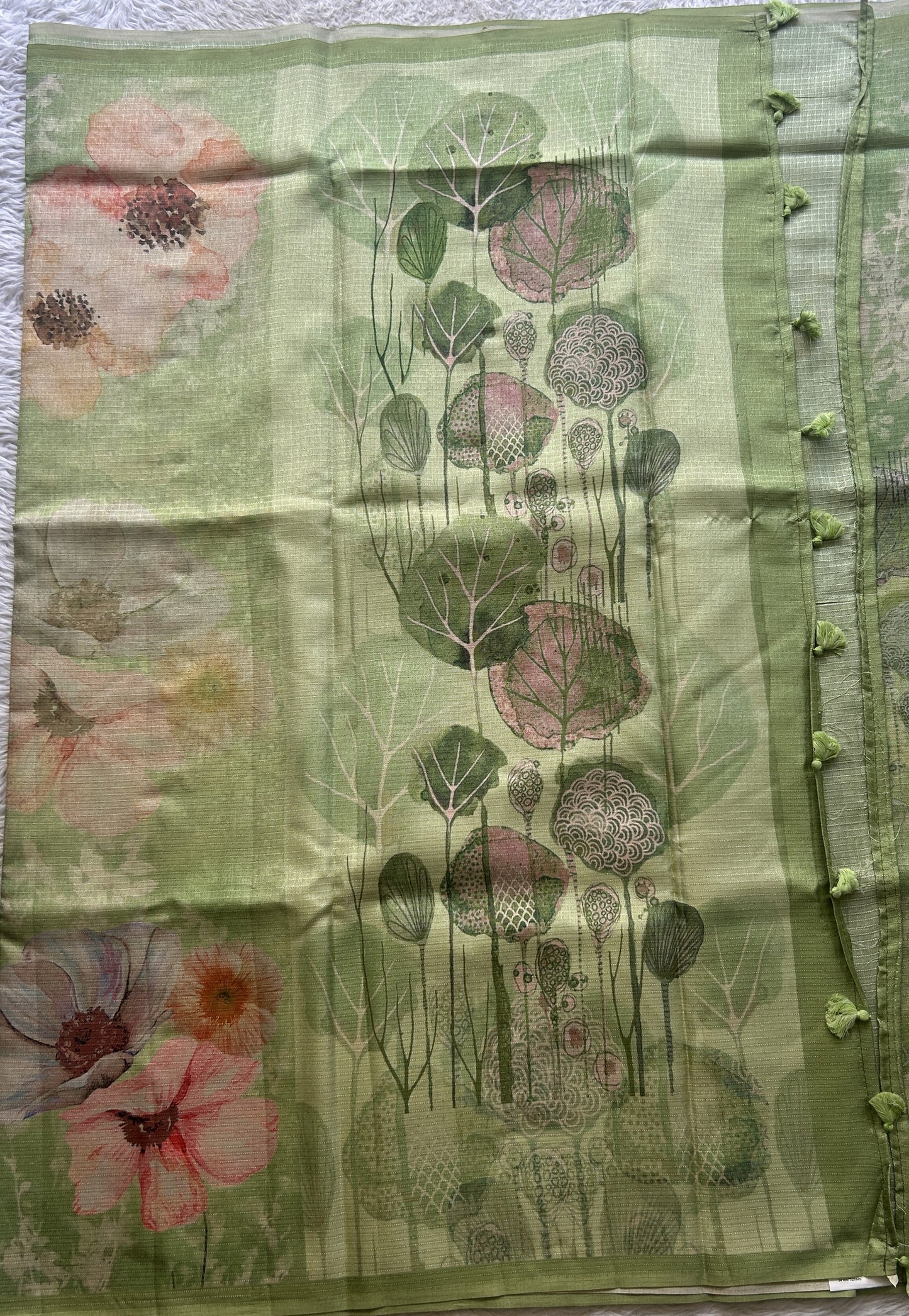 Semi Tussar Saree Light Green Colored Elegantly Paired with a Borderless. - Sampradaya Designer Studio