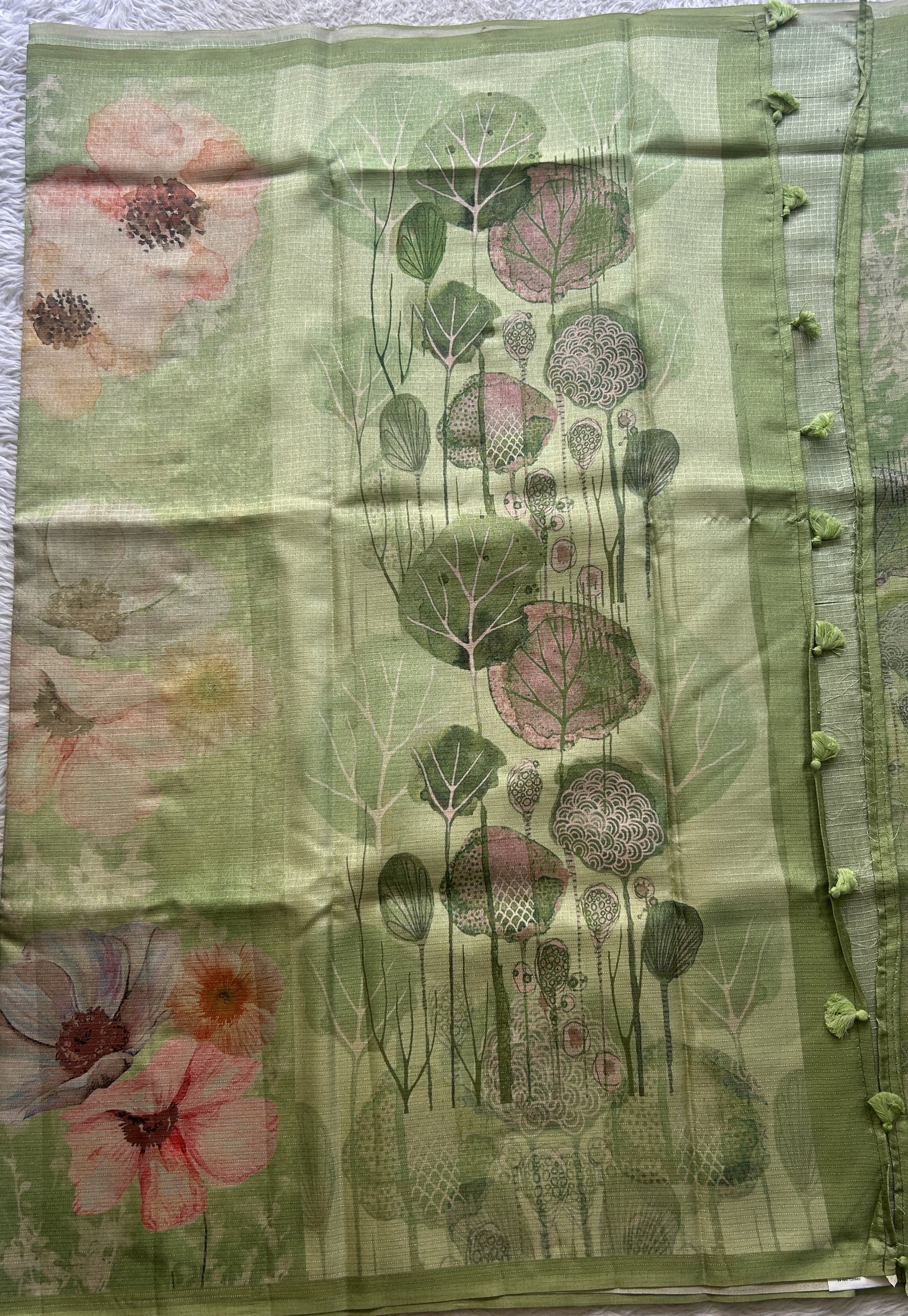 Semi Tussar Saree Light Green Colored Elegantly Paired with a Borderless. - Sampradaya Designer Studio