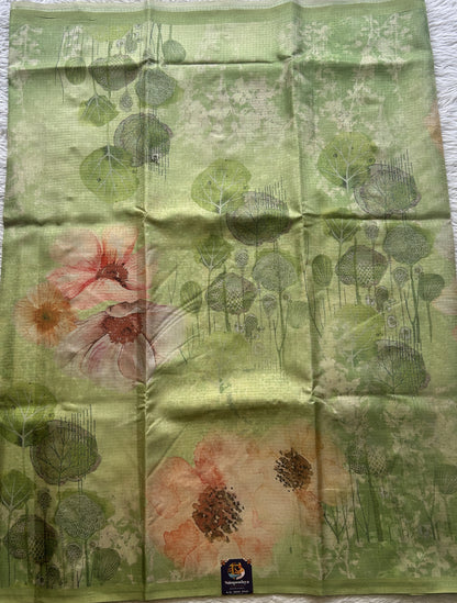 Semi Tussar Saree Light Green Colored Elegantly Paired with a Borderless. - Sampradaya Designer Studio