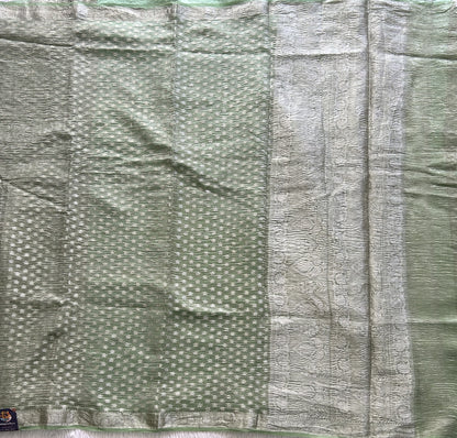 Banarasi Fancy Crushed Saree Light Green Colored Complemented with a Silver Zari Border. - Sampradaya Designer Studio