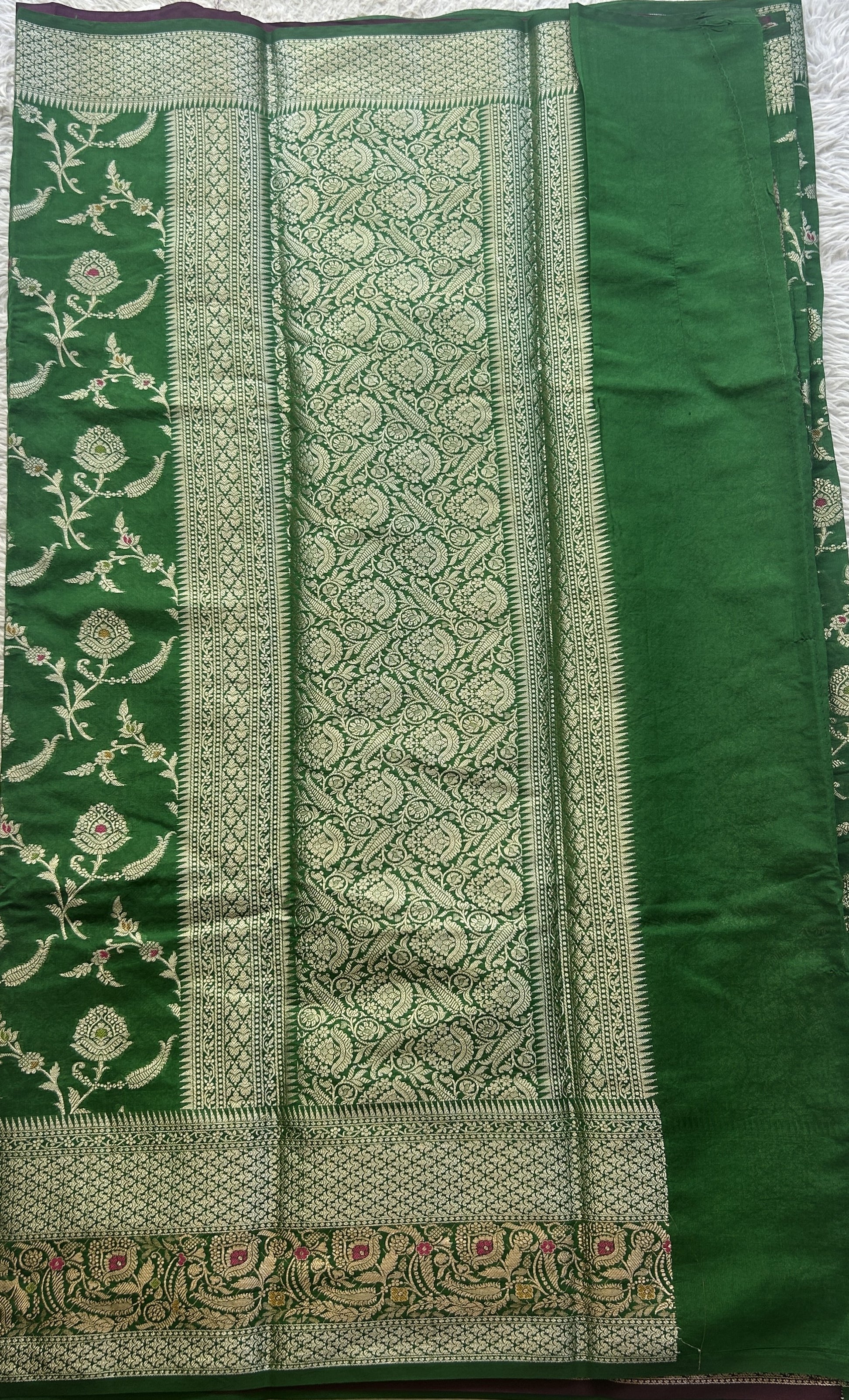 Semi Raw Silk Saree Dark Green Colored Elegantly Paired with a Minakari Border. - Sampradaya Designer Studio