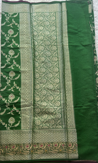 Semi Raw Silk Saree Dark Green Colored Elegantly Paired with a Minakari Border. - Sampradaya Designer Studio