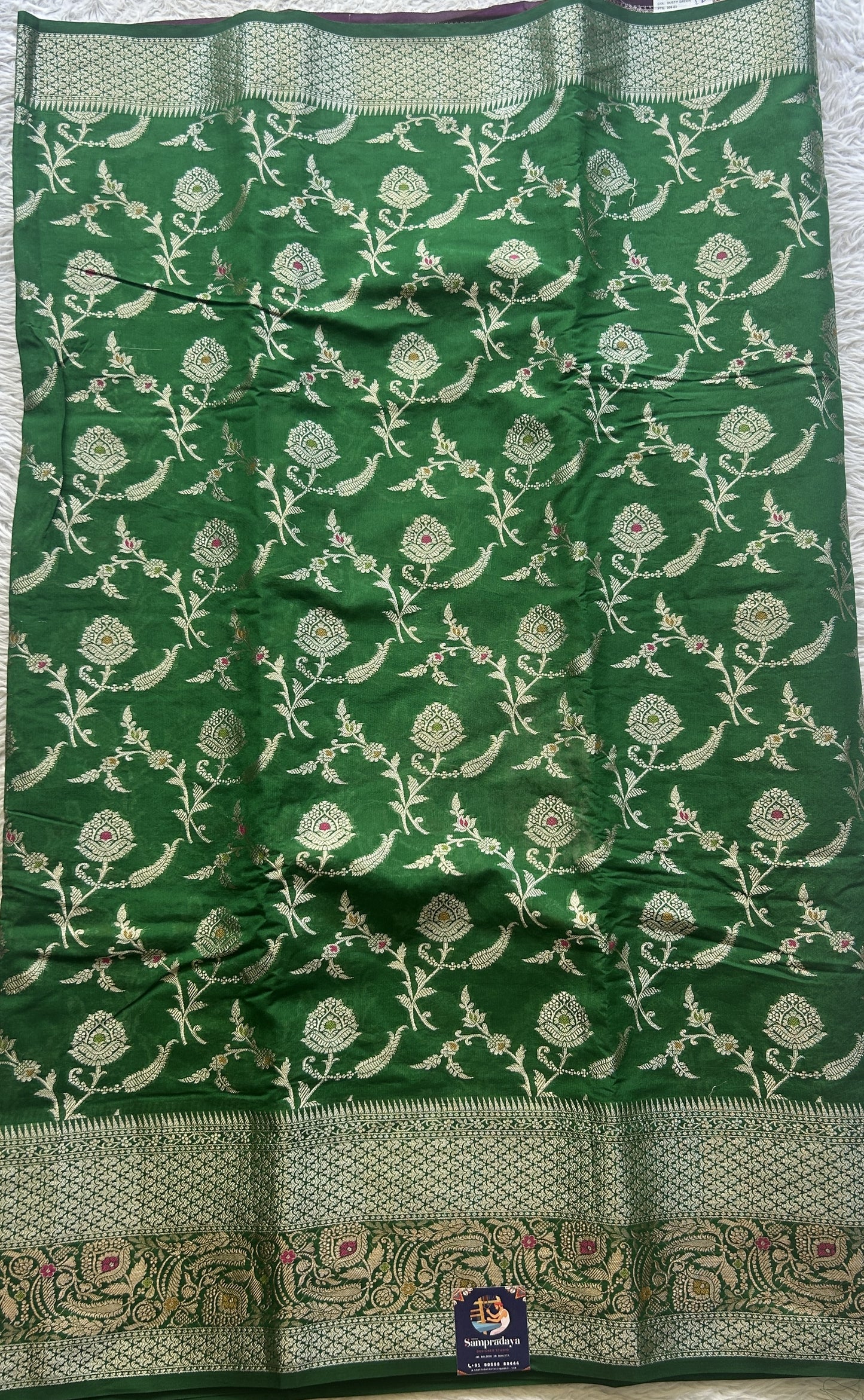 Semi Raw Silk Saree Dark Green Colored Elegantly Paired with a Minakari Border. - Sampradaya Designer Studio