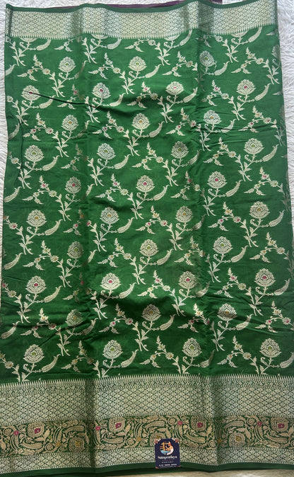 Semi Raw Silk Saree Dark Green Colored Elegantly Paired with a Minakari Border. - Sampradaya Designer Studio