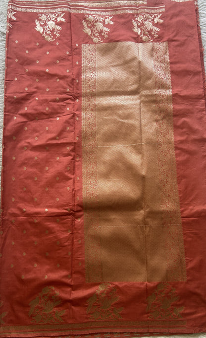 Semi Raw Silk Saree Peach Colored Elegantly Paired with a Buti Border. - Sampradaya Designer Studio