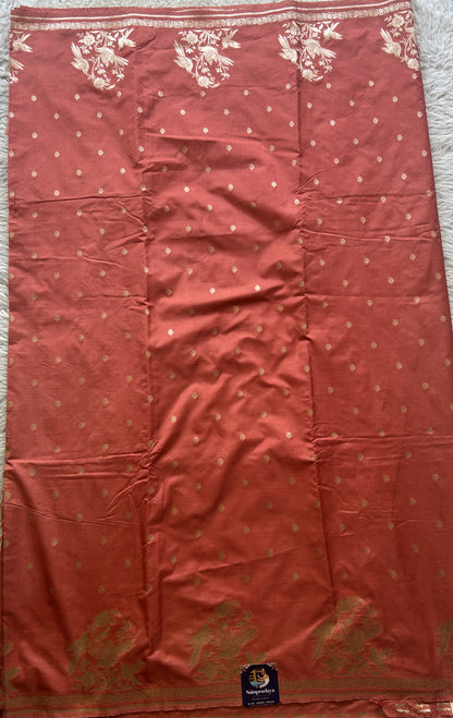 Semi Raw Silk Saree Peach Colored Elegantly Paired with a Buti Border. - Sampradaya Designer Studio