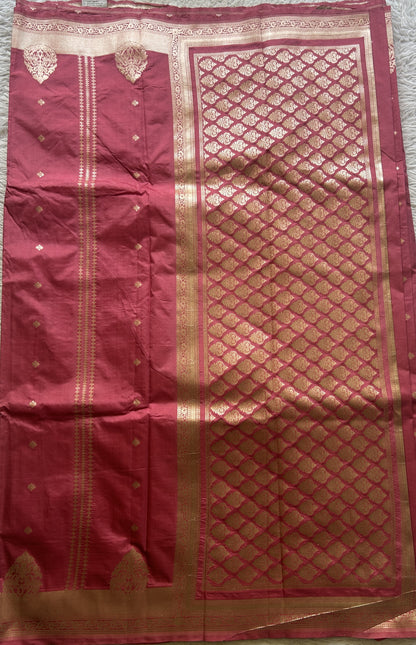 Semi Raw Silk Saree Rose Pink Colored Elegantly Paired with a Zari Border. - Sampradaya Designer Studio