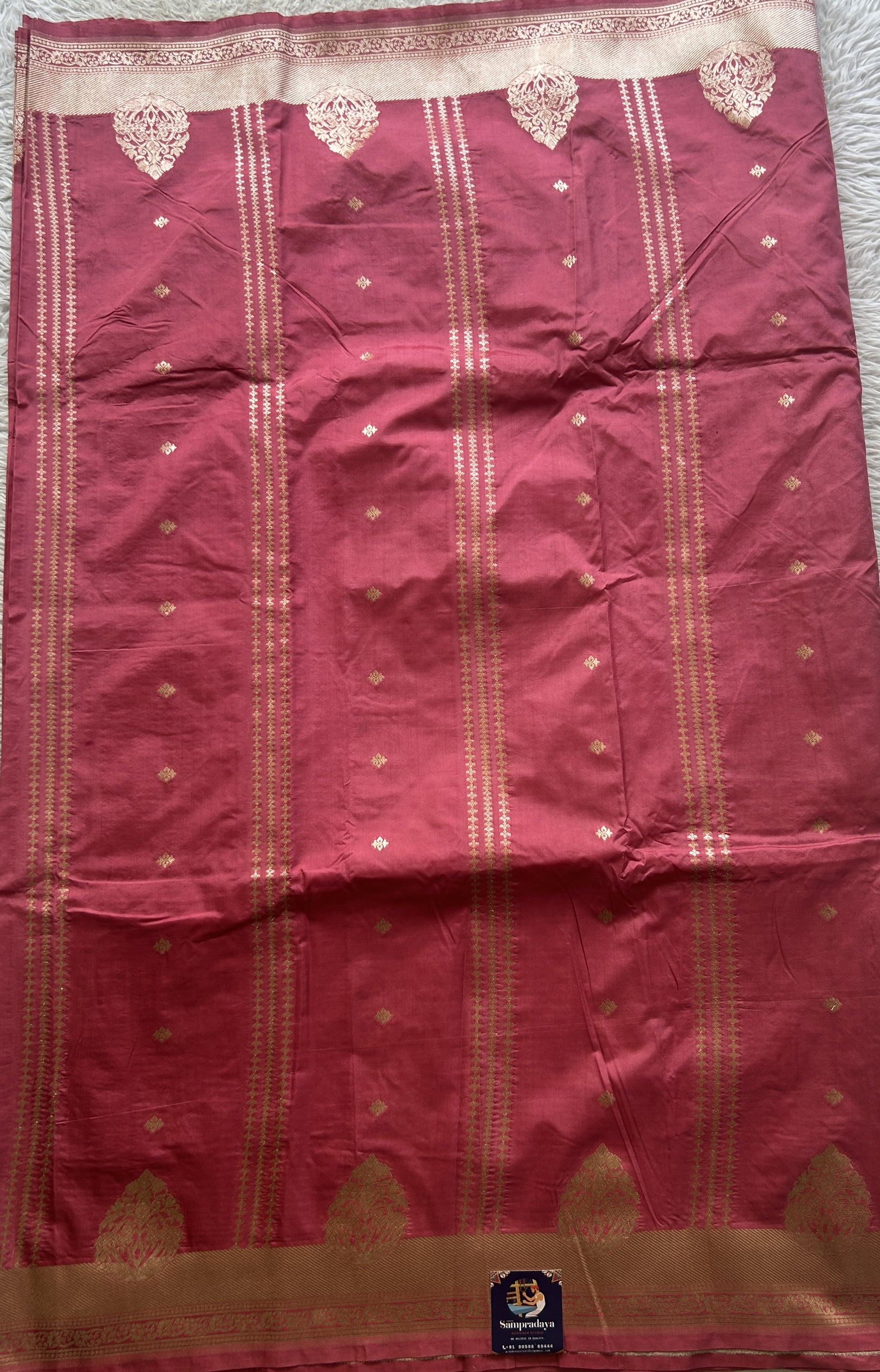 Semi Raw Silk Saree Rose Pink Colored Elegantly Paired with a Zari Border. - Sampradaya Designer Studio