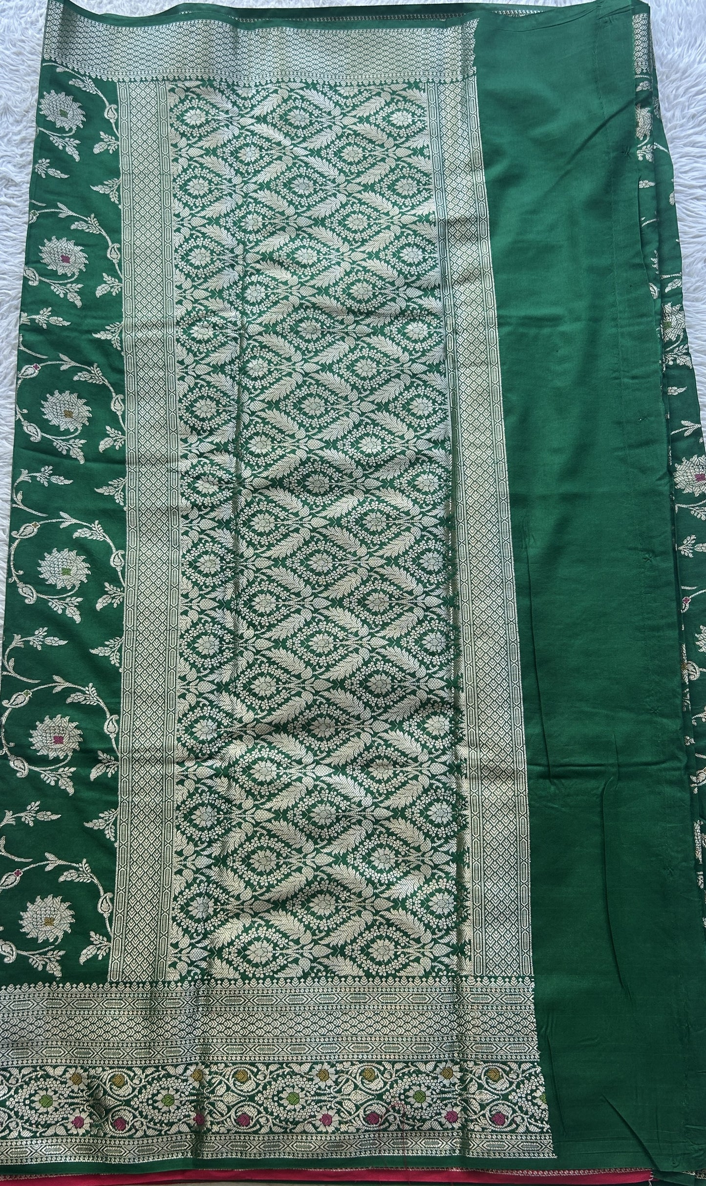 Semi Raw Silk Allover Saree Green Colored Elegantly Paired with a Zari Border. - Sampradaya Designer Studio
