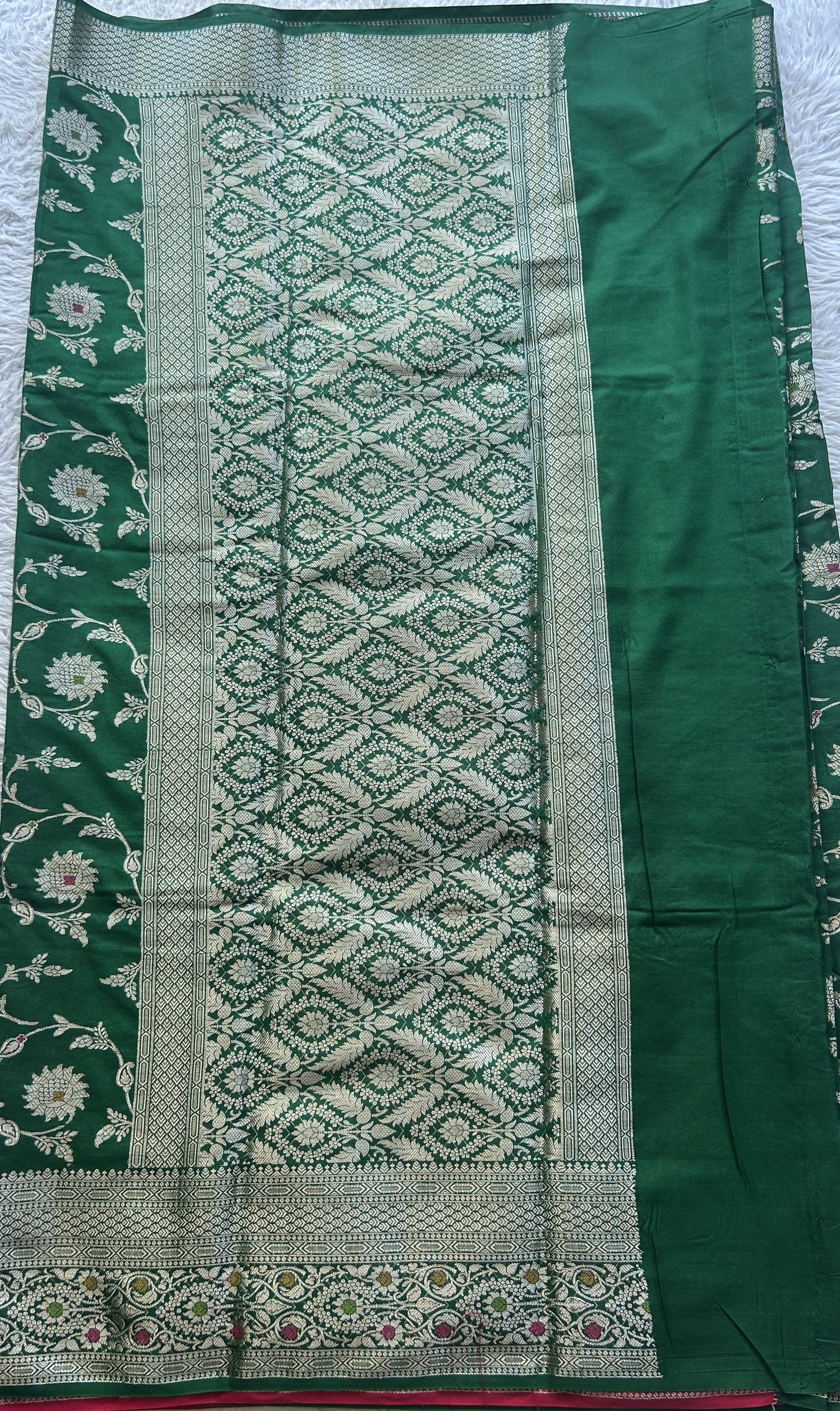 Semi Raw Silk Allover Saree Green Colored Elegantly Paired with a Zari Border. - Sampradaya Designer Studio