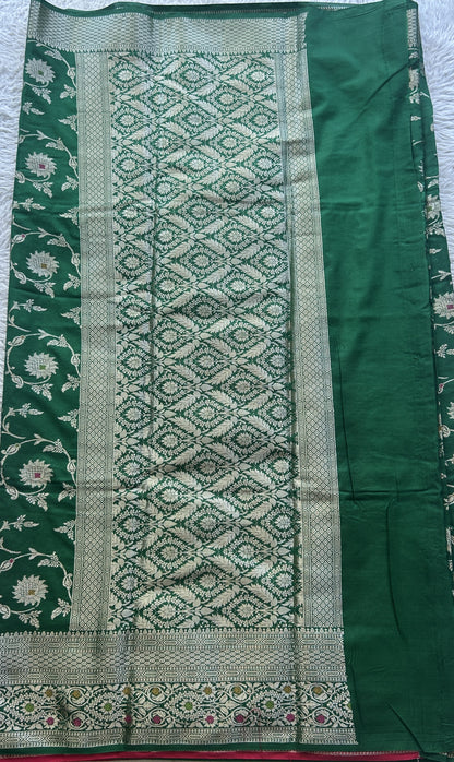 Semi Raw Silk Allover Saree Green Colored Elegantly Paired with a Zari Border. - Sampradaya Designer Studio