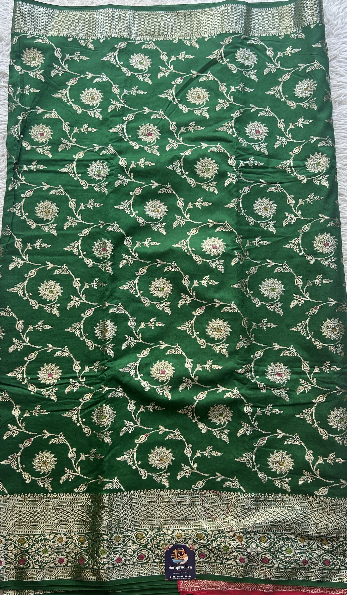 Semi Raw Silk Allover Saree Green Colored Elegantly Paired with a Zari Border. - Sampradaya Designer Studio