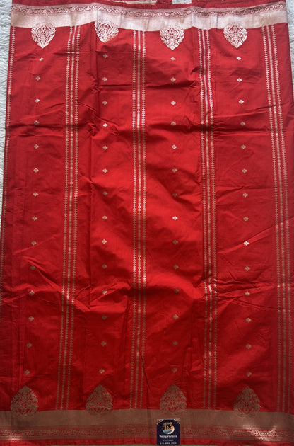 Semi Raw Silk Saree Red Colored Elegantly Paired with a Zari Border. - Sampradaya Designer Studio