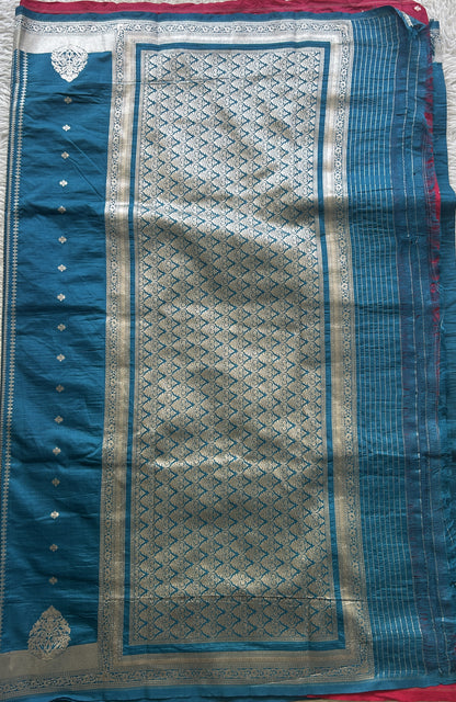 Semi Raw Silk Saree Teal Blue Colored Elegantly Paired with a Zari Border. - Sampradaya Designer Studio