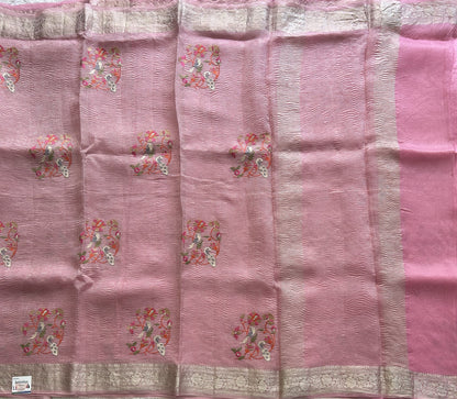 Banarasi Fancy Crushed Saree Baker Miller Pink Colored Complemented with a Silver Zari Border. - Sampradaya Designer Studio