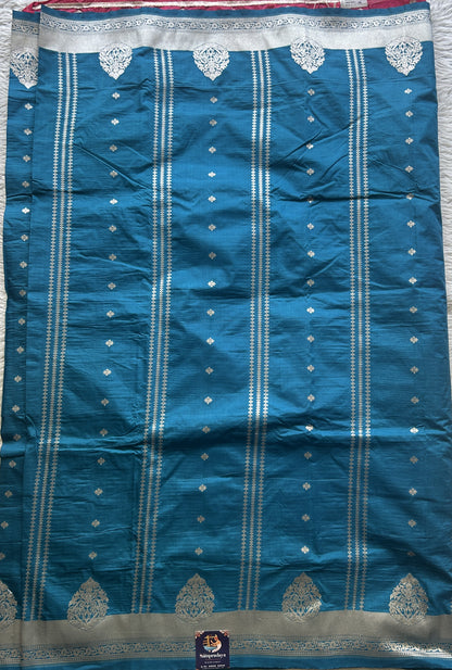 Semi Raw Silk Saree Teal Blue Colored Elegantly Paired with a Zari Border. - Sampradaya Designer Studio